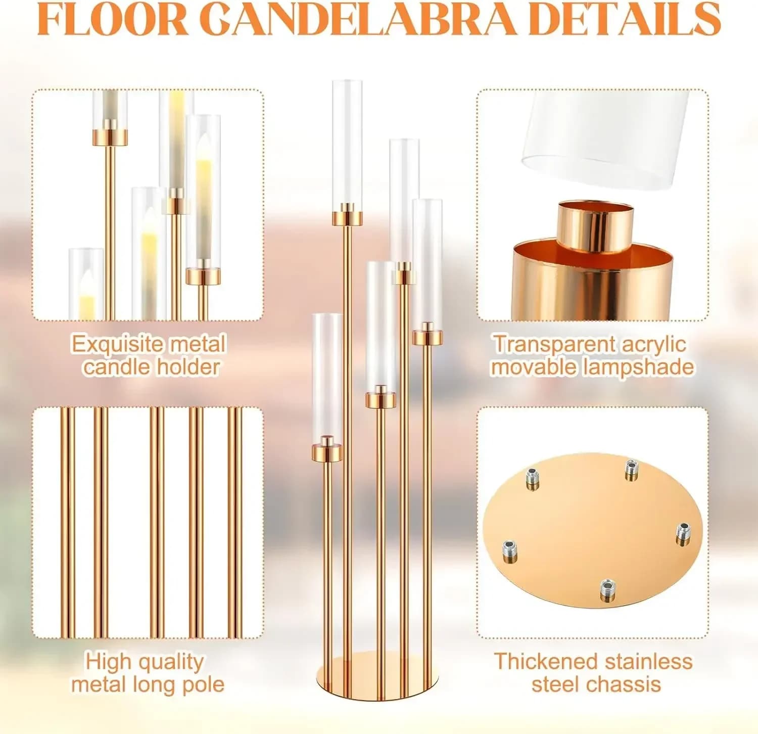 Grand bougeoir doré, élabre ci-après, 5 bras, 42.5 en effet, pièces centrales pour tables, ensemble 