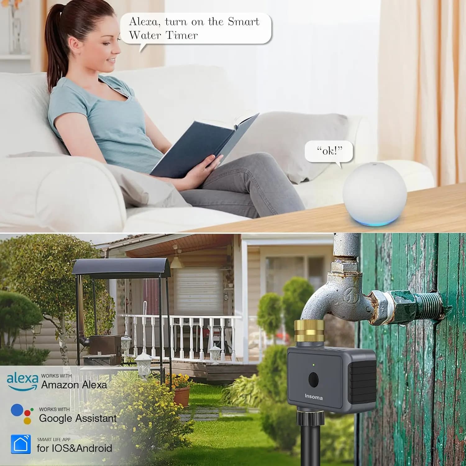 Insoma – minuterie d'arrosage automatique Wifi, avec minuterie d'eau de jardin pivotante en laiton, 