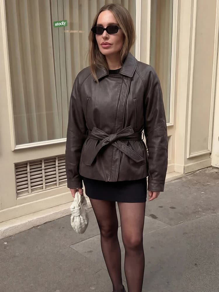 HH Spring Manteau court vintage pour femme en similicuir PU avec ceinture, à manches longues et col 