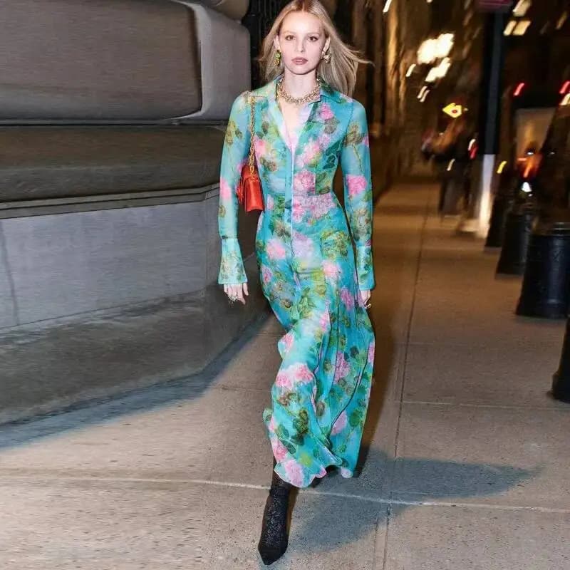 JAMERARY-Robe en mousseline de soie à imprimé floral pour femme, chemise à simple boutonnage, manche