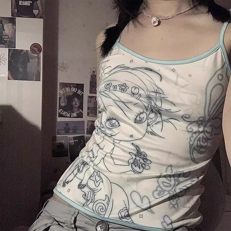 Karr233 Y2k Aesthetics Cami Top, Fairycore Anime Print Camisole, Kawaii Crop Top, Japanese Harajuku 