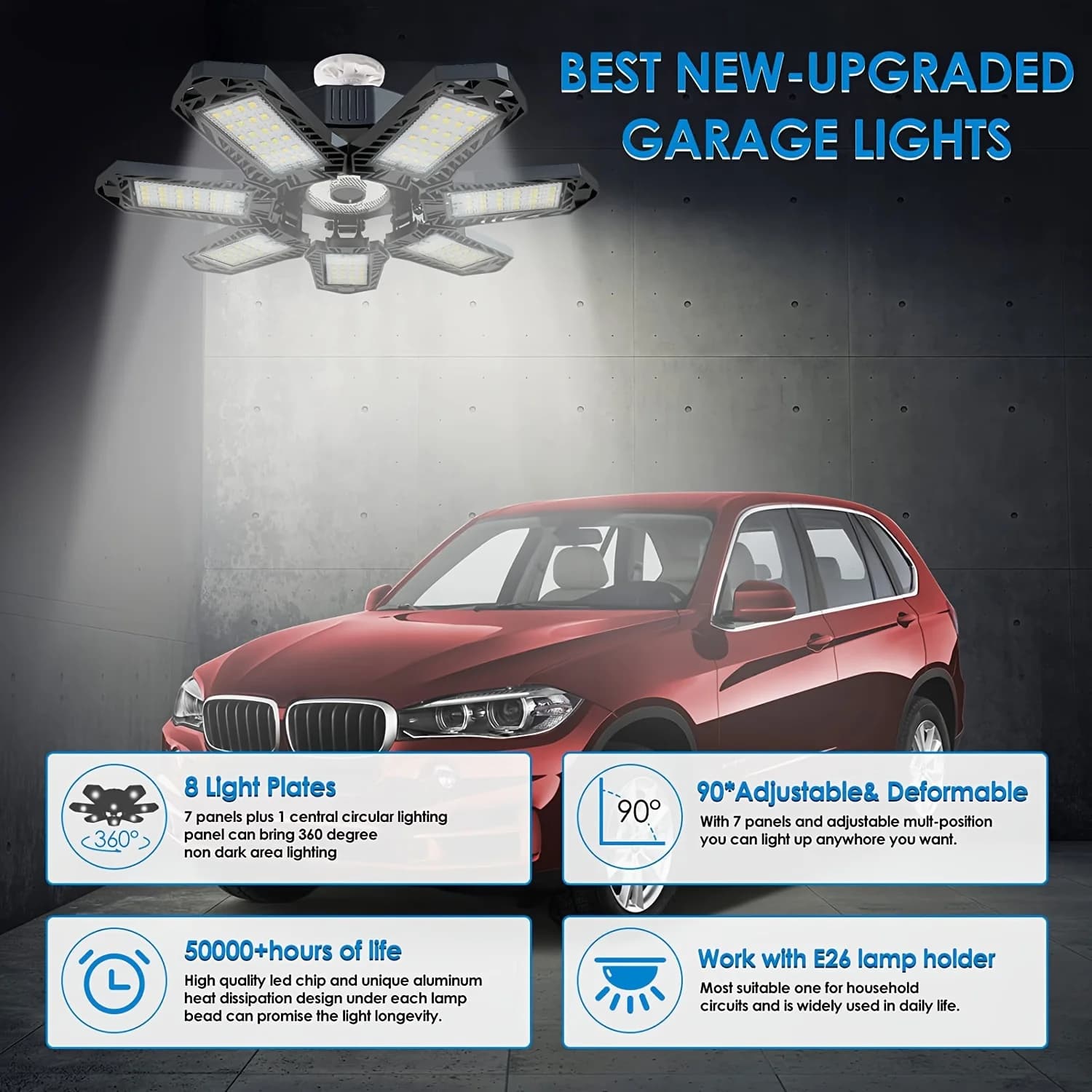 Ampoule LED de garage déformable 1/2 paquet, mini 7+1 panneaux réglables E26/E27, éclairage de plafo