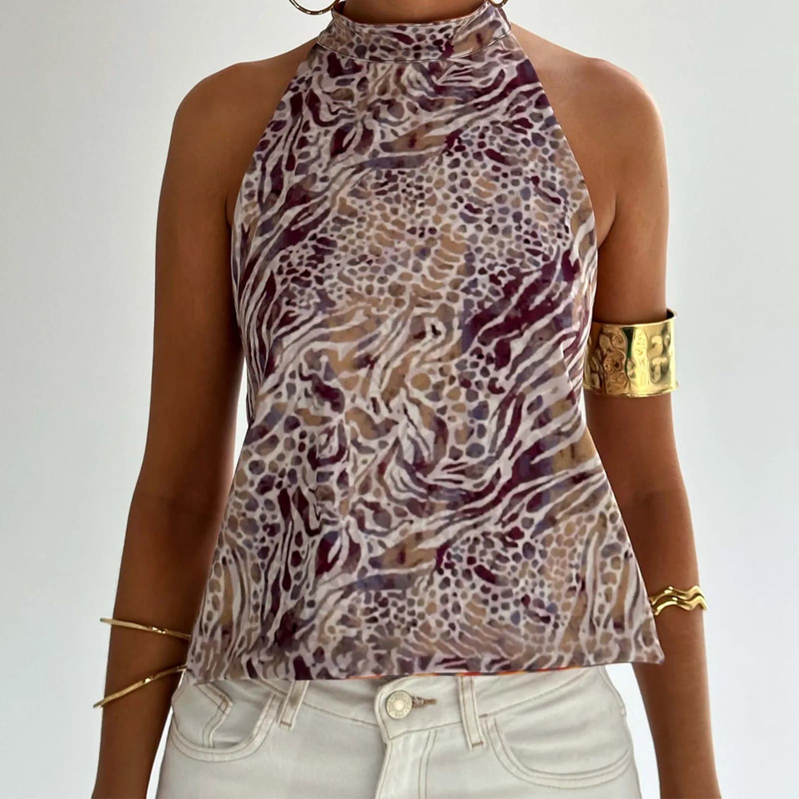 Haut à licou sans manches pour femmes, dos nu, imprimé points/fleurs, gilet d'été, doux et confortab