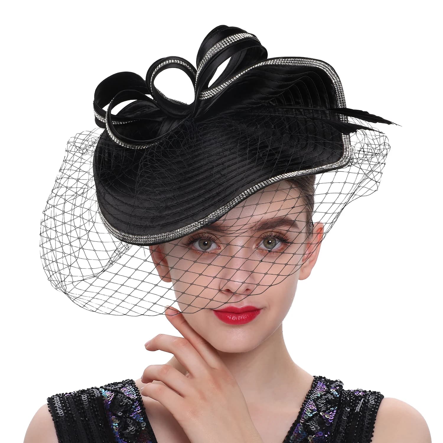 Chapeaux Derby élégants pour femmes, avec bandeau en voile, chapeau de fête de thé, strass, fascinat
