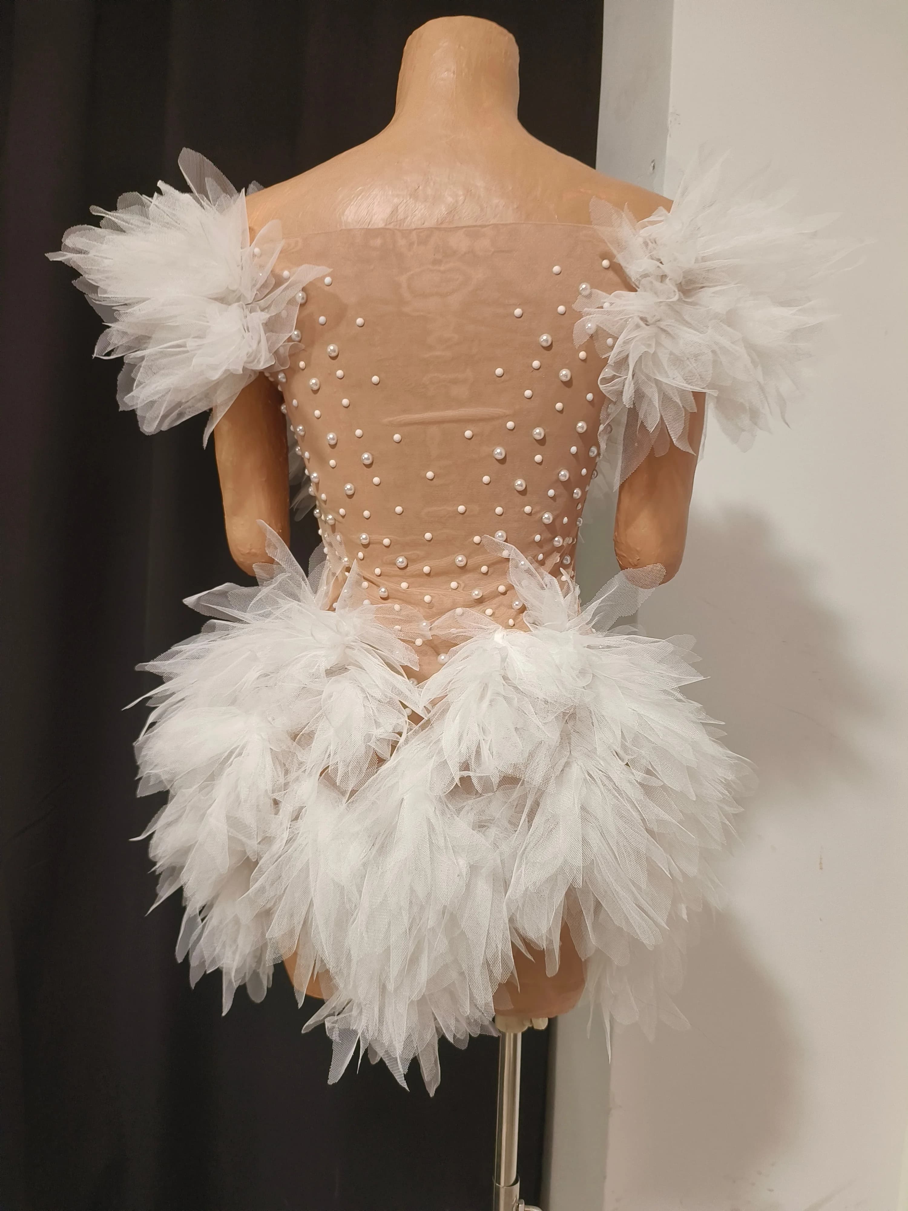 Robe mini en tulle blanc luxueuse pour femme, sexy, transparente, ornée de perles et de cristaux, mo
