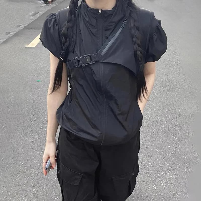 Karr233-T-shirt Cargo Japonais Y2k, Veste Fine à Manches Courtes avec Fermeture Éclair, Protection S