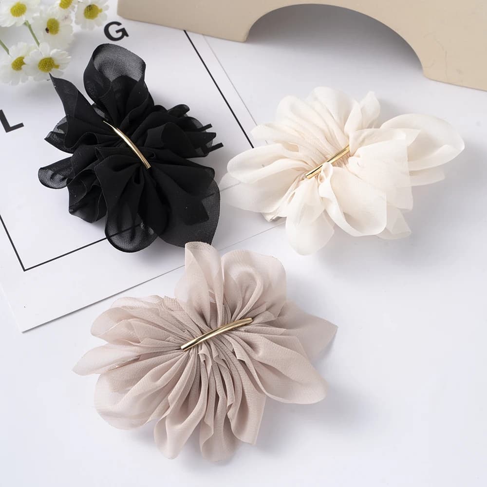 Grand printemps pinces à cheveux femmes métal mousseline de soie fleurs élastique pour queue de chev