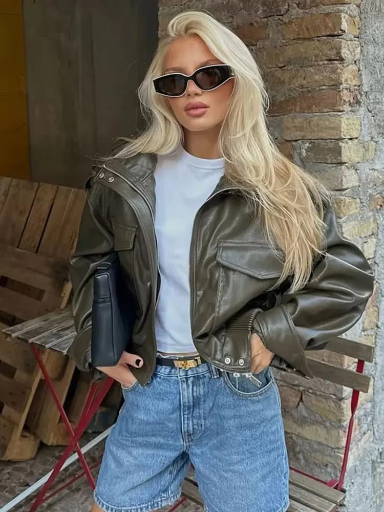 HH femmes Faux cuir recadrée veste vintage Bomber vestes avec poches à manches longues manteaux ferm