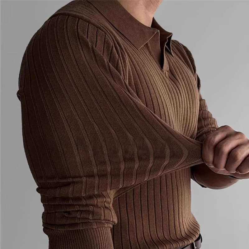 Polo de luxe en Jacquard tricoté pour hommes, col en v, couleur unie, manches longues, populaire cor