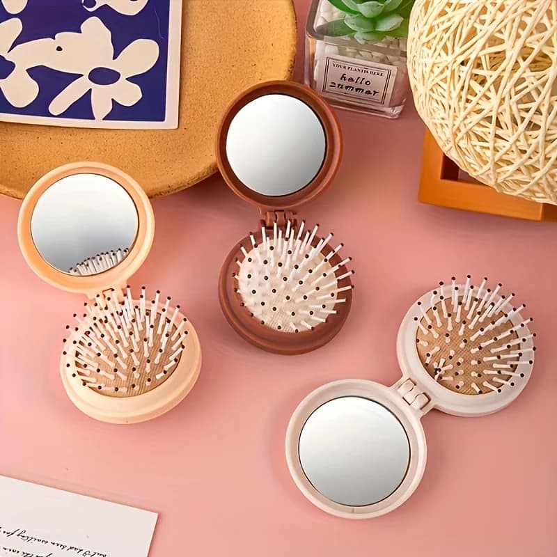 Mini brosse à cheveux de voyage pliante portable avec miroir pour femme, plastique léger, possède un