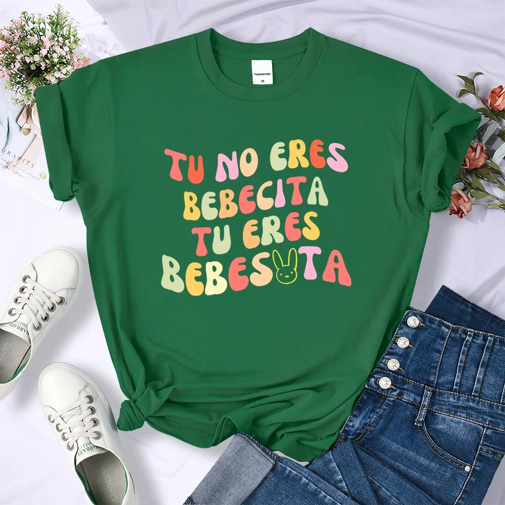 T-shirt imprimé Tu No Eres Bebecita Tu Eres BeBio ota pour femme, haut confortable avec lettres colo