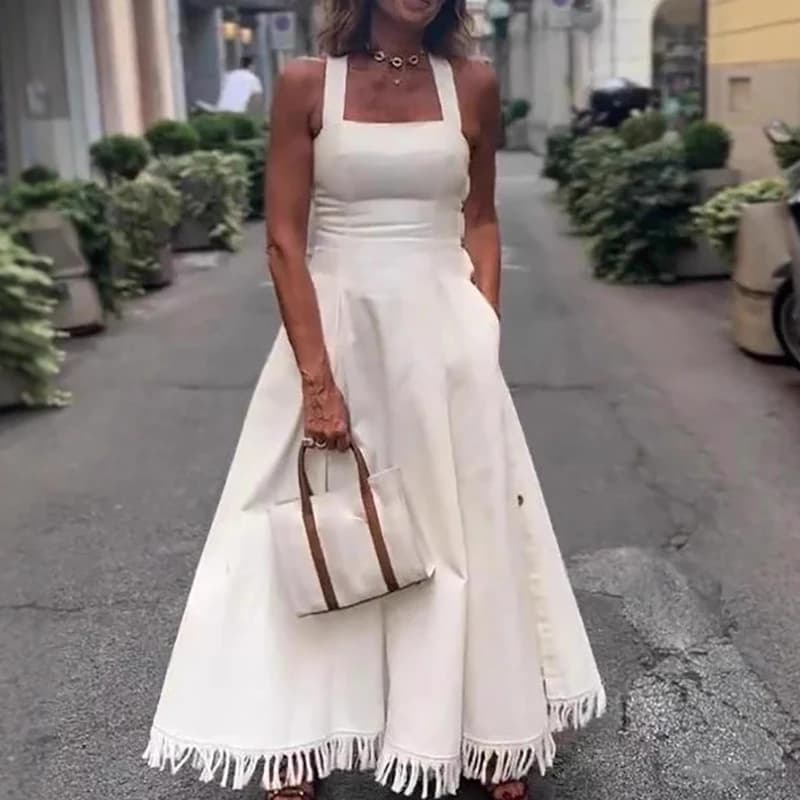 Robe longue d'été à Camisole blanche, décontractée, épaules dénudées, poches, coupe cintrée, élégant