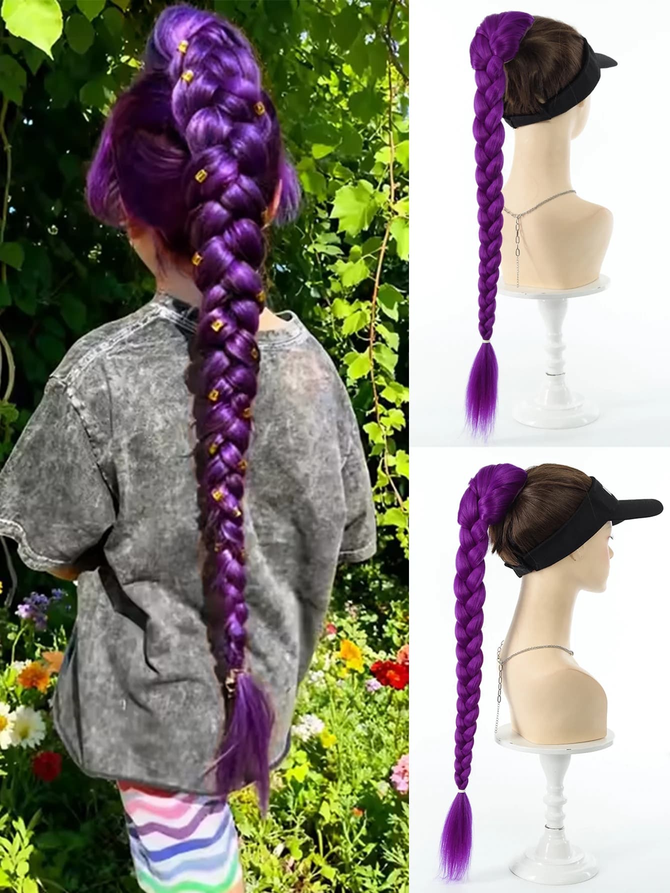 Queue de cheval synthétique longue de 26 pouces avec clips, cheveux violets tressés, coiffure de Cos