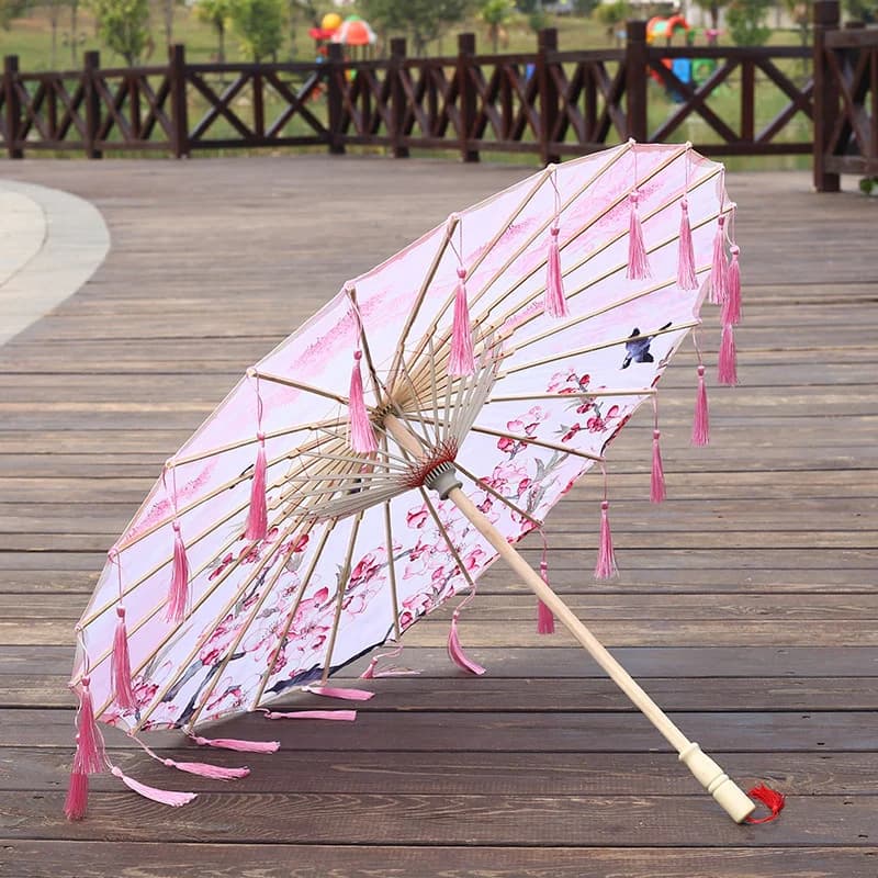 Parapluie en tissu de soie 82CM, pompon, Cosplay Hanfu, papier à l'huile, Style chinois ancien, Styl