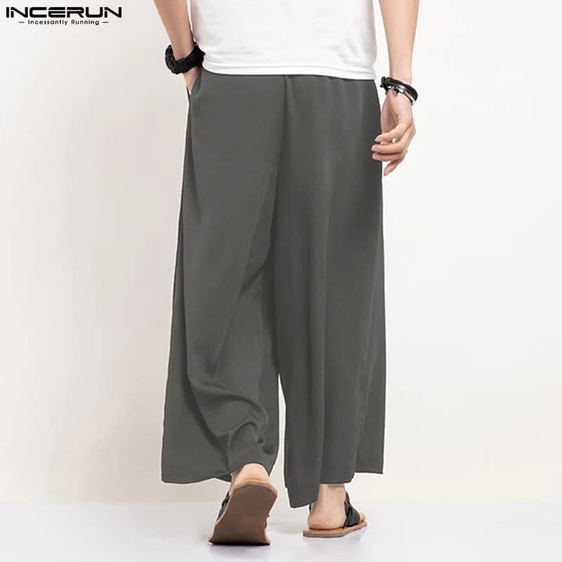 INCERUN hommes pantalons à jambes larges couleur unie jogging ample taille élastique pantalon hommes