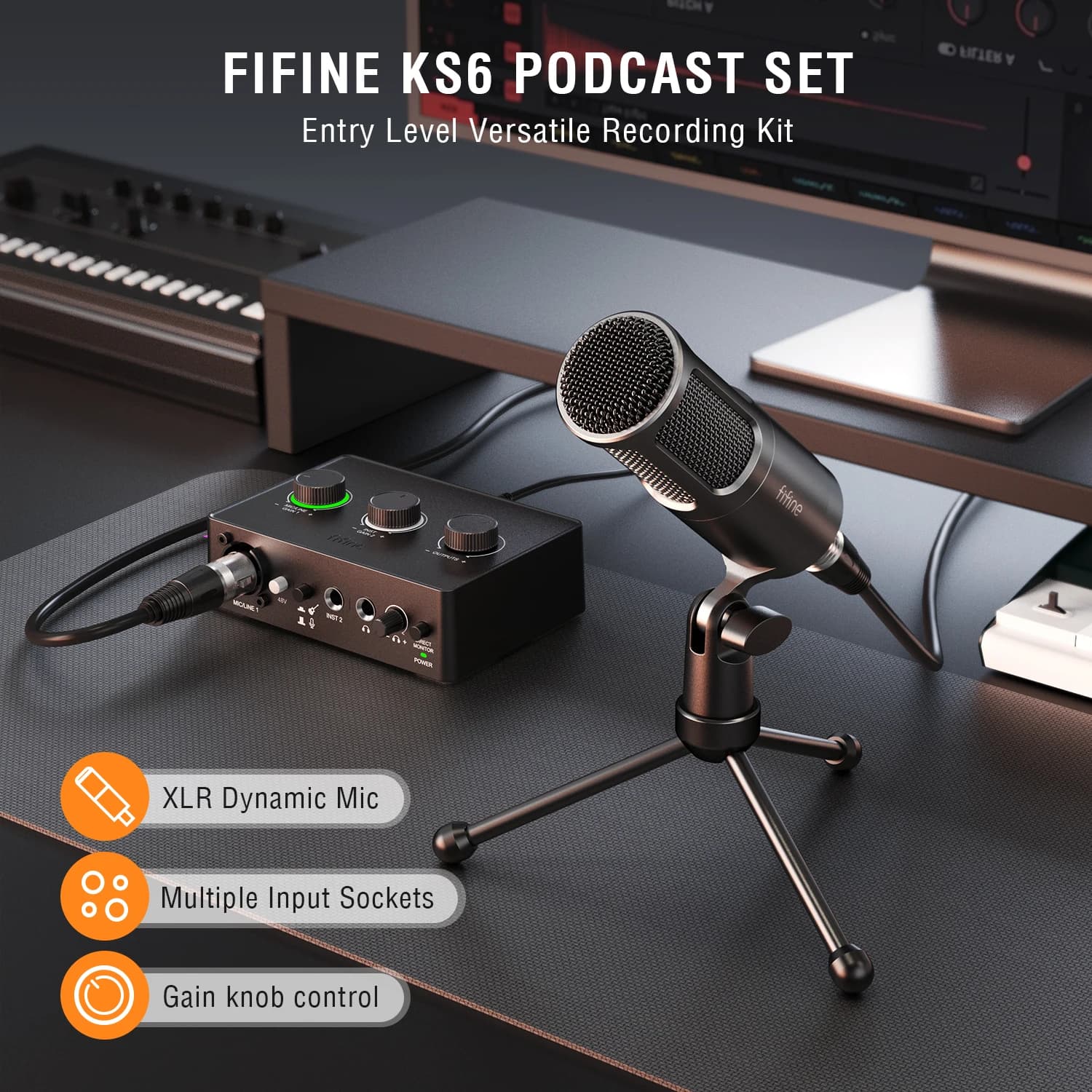 FIFINE-Kit Podcast avec Micro ociamique/Carte Son, Studio Tout-en-un avec Centre Audio pour PC Strea