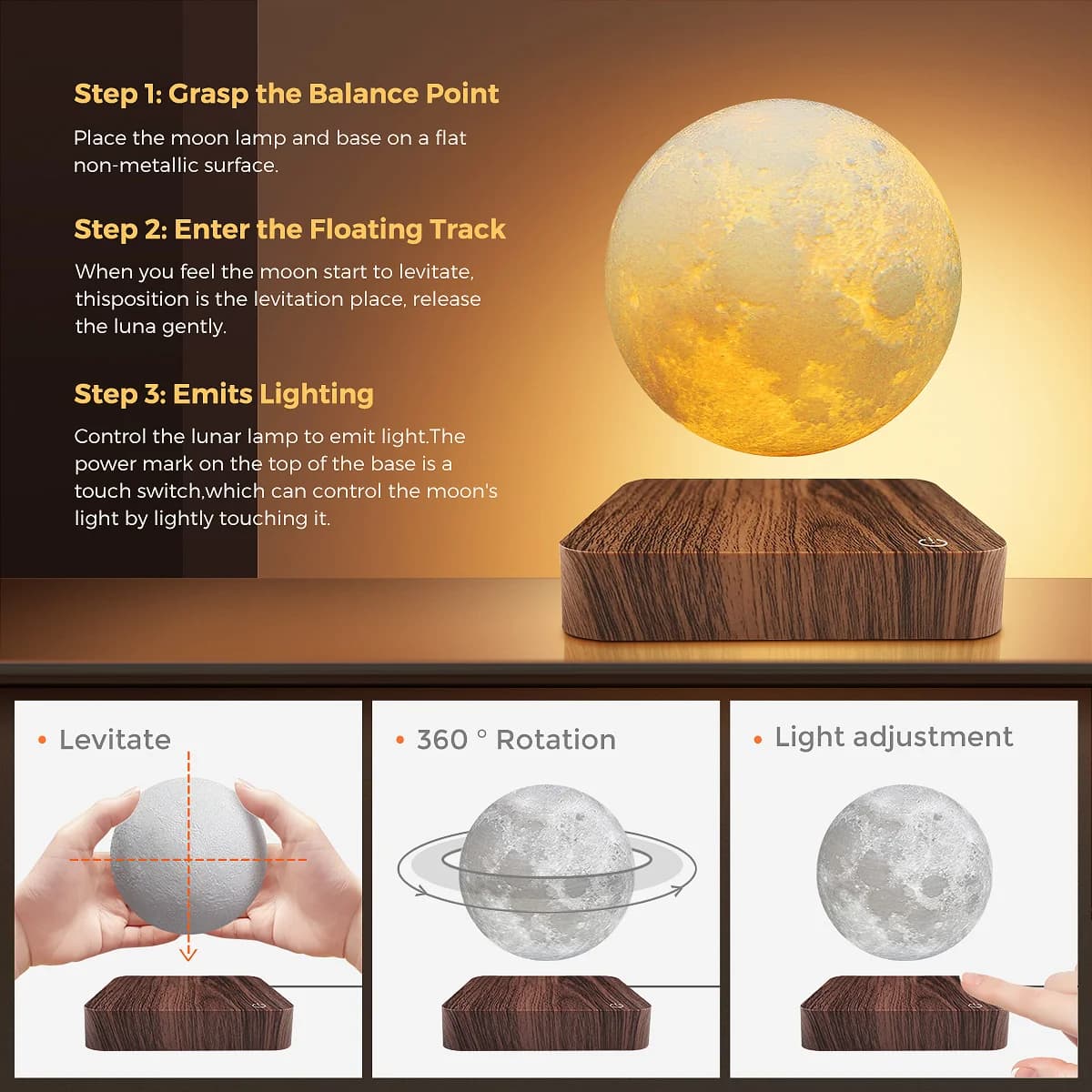 Veilleuse flottante magnétique 3D LED avec base en bois, lampe de table créative, 3 couleurs de temp