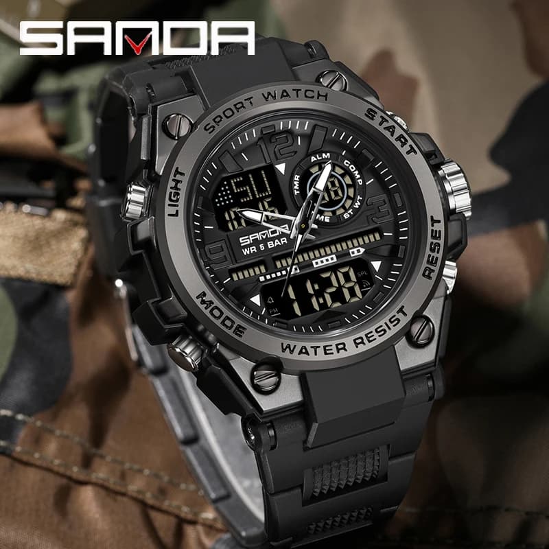 SANDA hommes sport montres à Quartz double affichage LED électronique numérique montres étanche mont