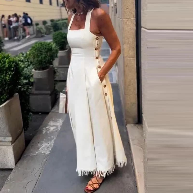 Robe longue d'été à Camisole blanche, décontractée, épaules dénudées, poches, coupe cintrée, élégant
