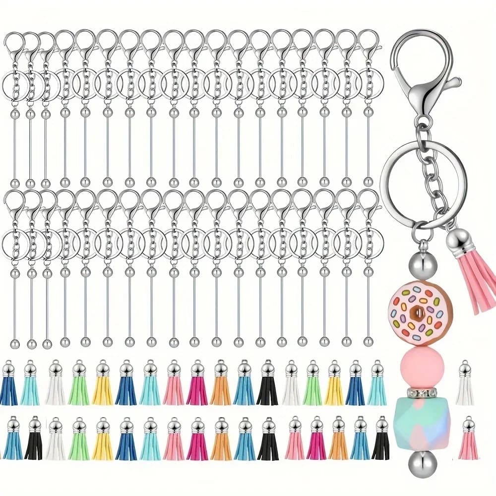Porte-clés perlé, barres vierges, bandes colorées en cuir, pompon ample pour bricolage, pendentif, b