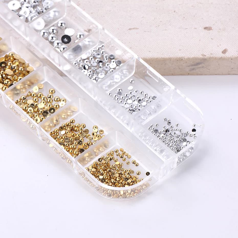 12 grilles de couleurs mélangées or argent plat demi-rond perle ongles pièces Flatback ornement 3D m