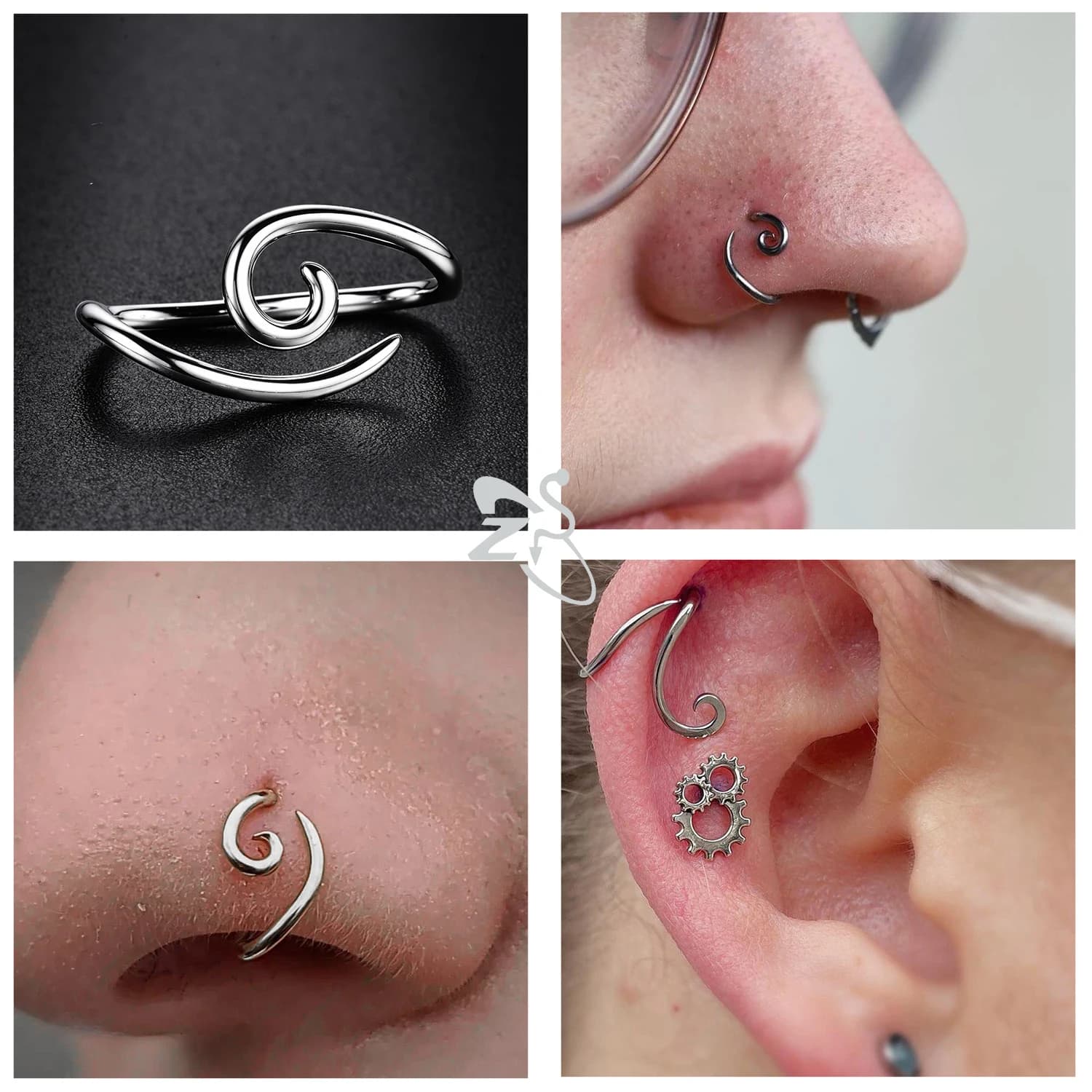 ZS 1PC 16G 925 argent crochet intérieur crochet extérieur anneau à sourcils pont en spirale nez Stud