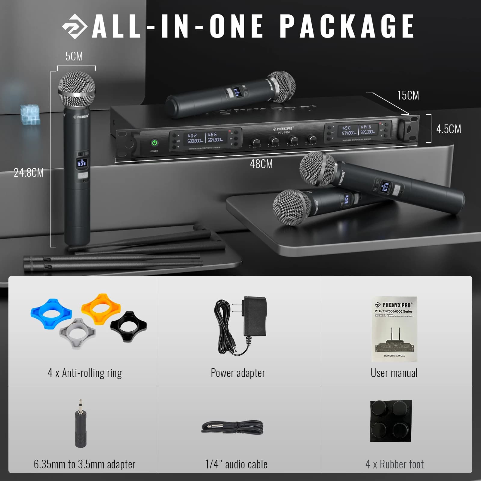 Phenyx Pro système de microphone sans fil UHF PTU-7000 avec 4x40 canaux déterminer les micros auto b