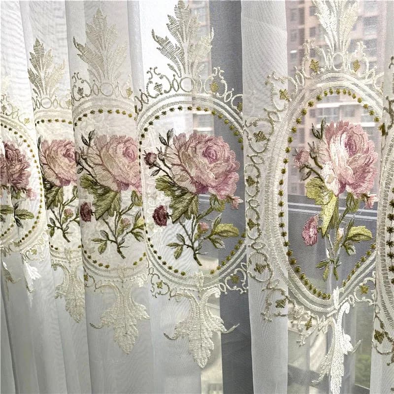 Rideau en Tulle brodé de pivoines de luxe américain, pour salon, broderie de fleurs européennes élég