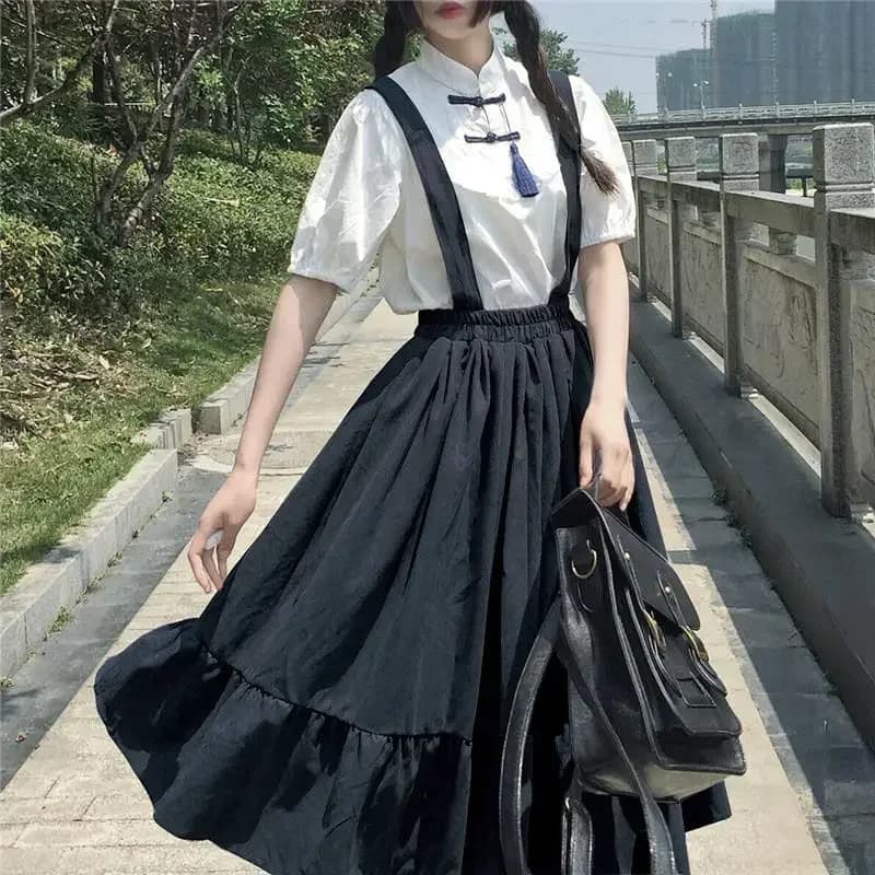 Nouveau doux femmes jupe Style Preppy sangle jupe longue volants ample mignon étudiant jupe décontra