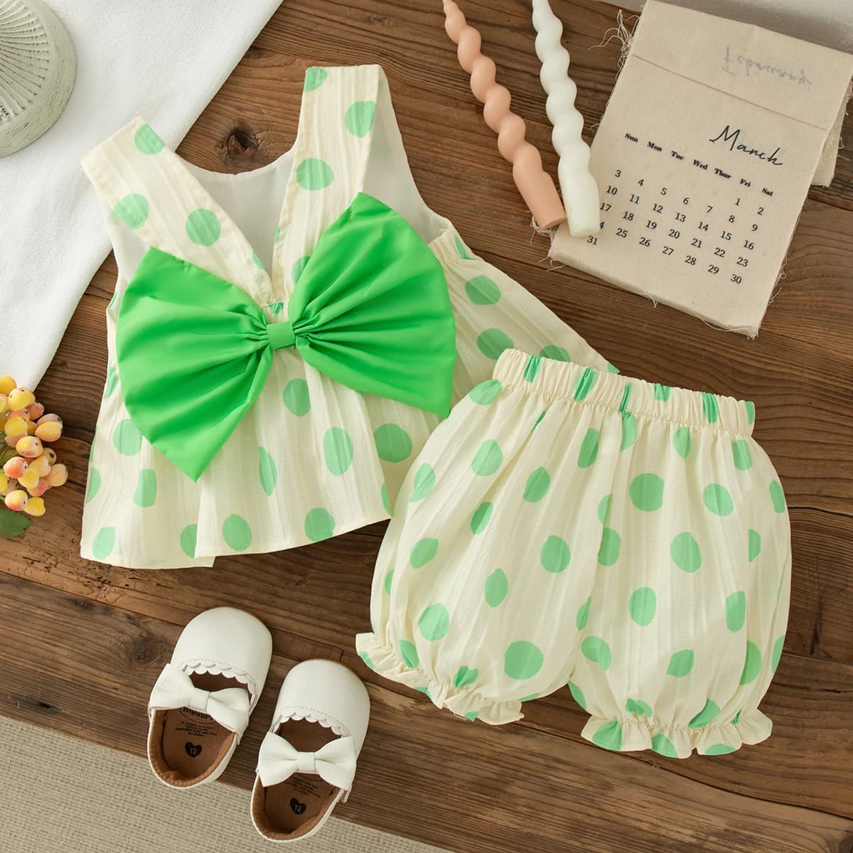 Ensemble 2 pièces pour petites filles, haut et short sans manches avec nœud à pois, Style coréen, te