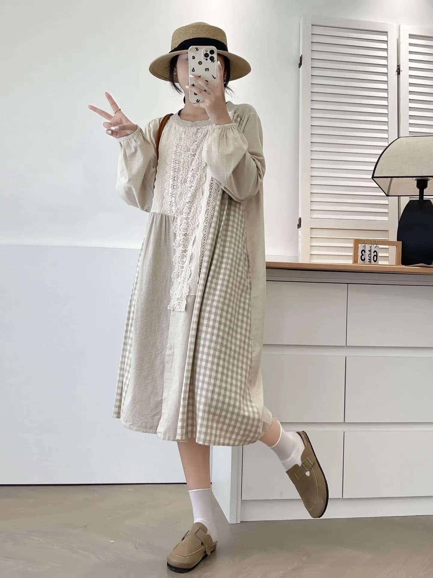 Nouvelles robes d'été en coton à manches longues pour femmes, dentelle à carreaux brodée pour femmes