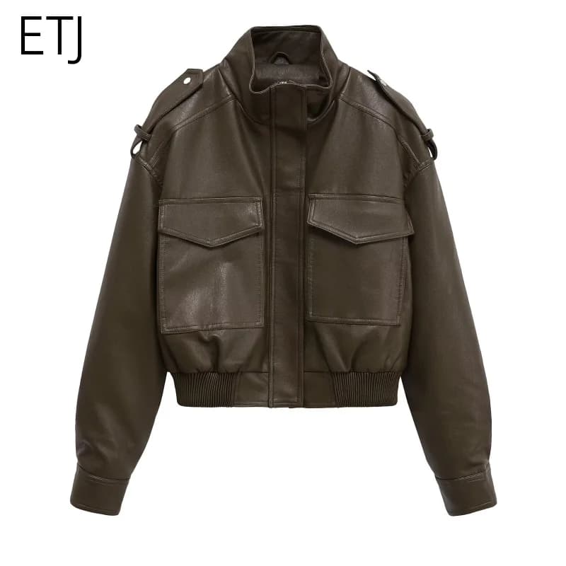 ETJ 2025 Nouvelle collection femme : veste courte moto col montant Y2K grande poche veste en simili 
