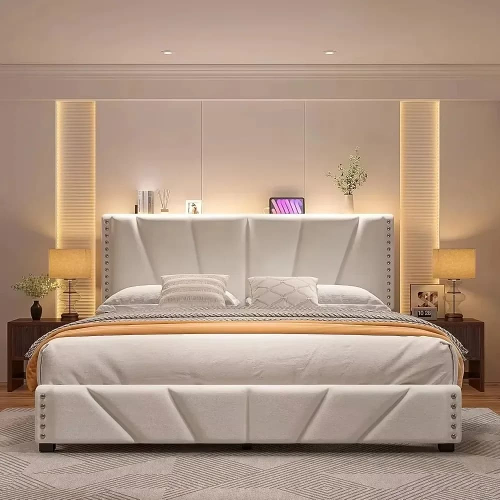 Cadre de lit king size, cadre de lit en velours, avec tête de lit et lumière LED, cadre de lit plate