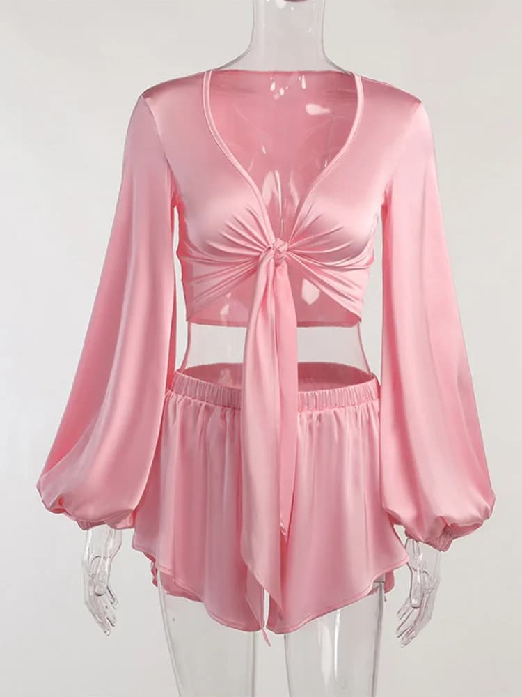 Tenue d'été élégante pour femme, manches longues, bretelles, cravates, ensembles courts, sexy, rose,