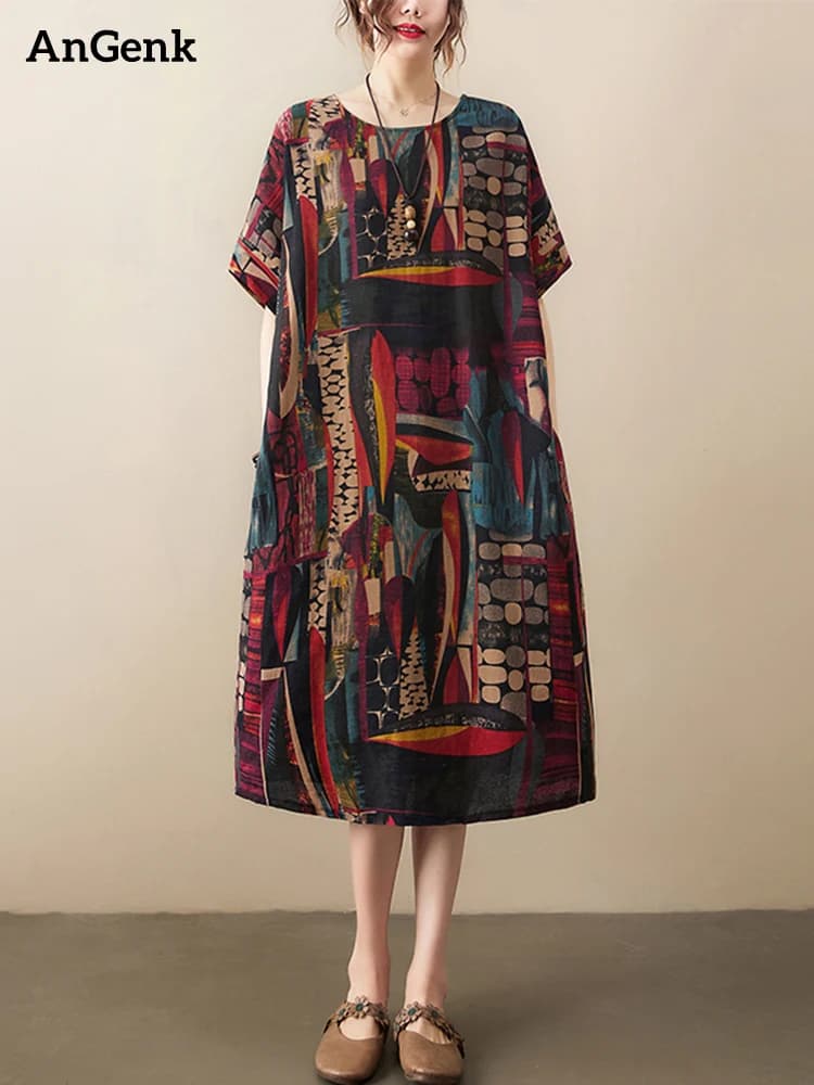Robes midi d'été décontractées et amples pour femmes, en coton et lin, à manches courtes, imprimé vi