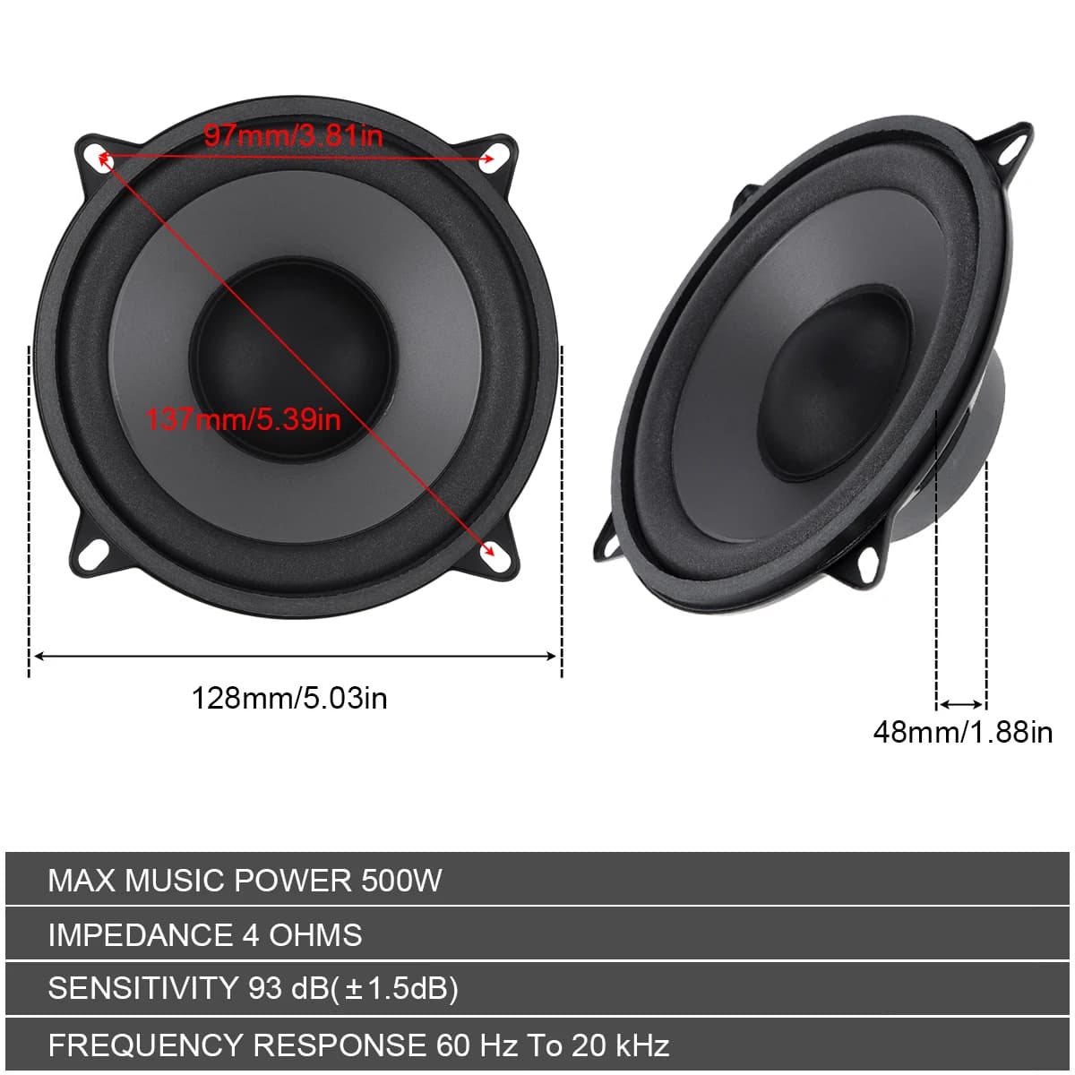Haut-parleurs de voiture 5 pouces 500W, 2 voies, Audio de porte automatique, musique stéréo, gamme c