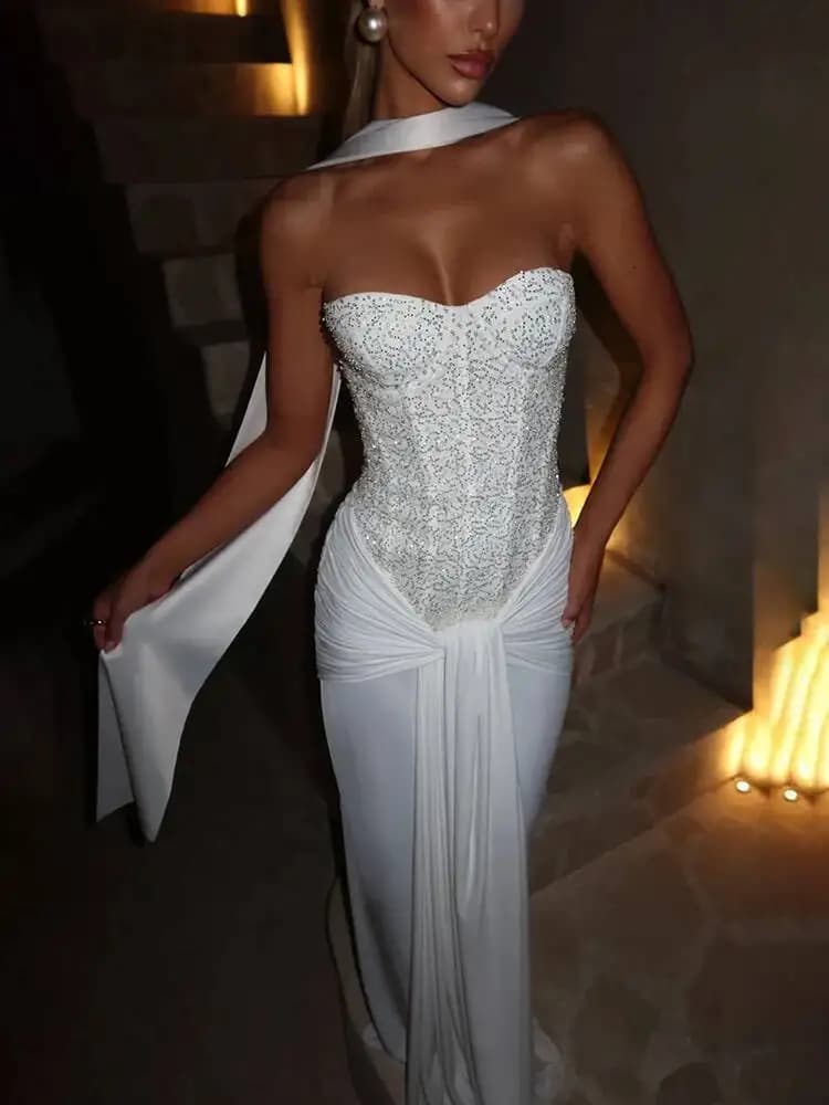 Mozision Sparkle épaules dénudées Sexy robe Maxi femmes élégant paillettes sans bretelles dos nu san