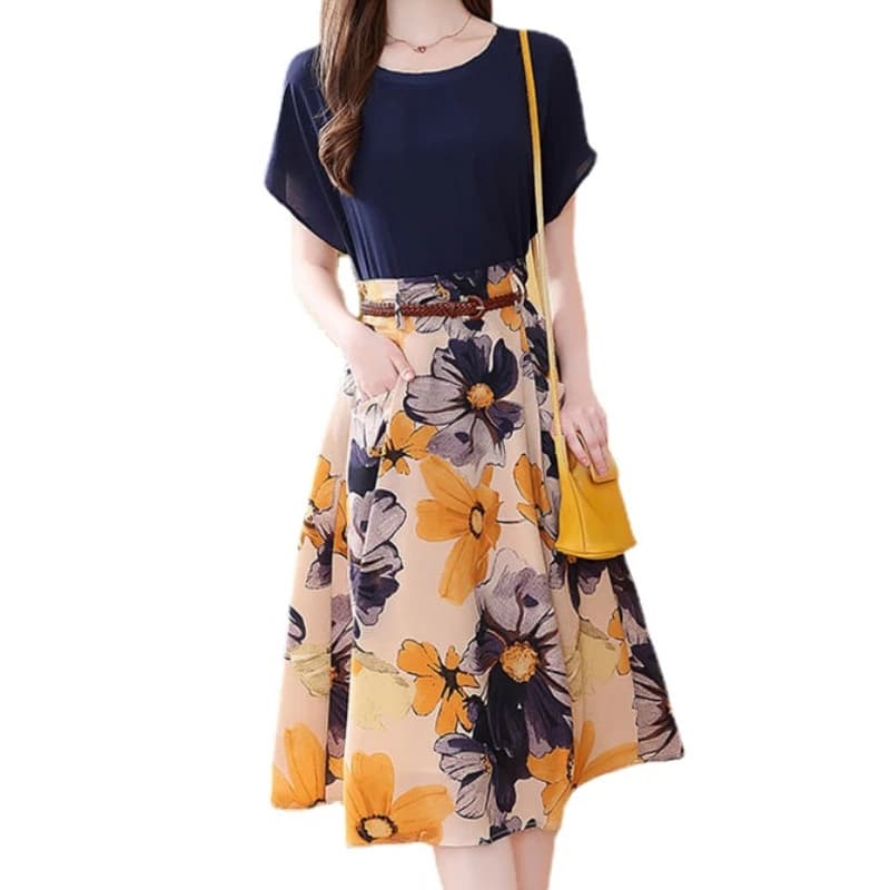 Ensemble 2 pièces élégant rétro pour femme, t-shirt et jupe florale trapèze, vêtements de bureau pou