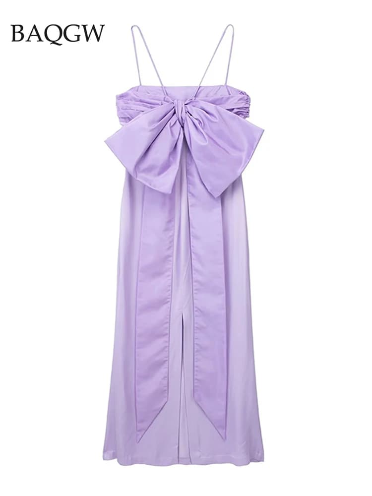 Robe mi-longue élégante à nœud papillon violet pour femmes, robe à bretelles mince, robe de soirée c