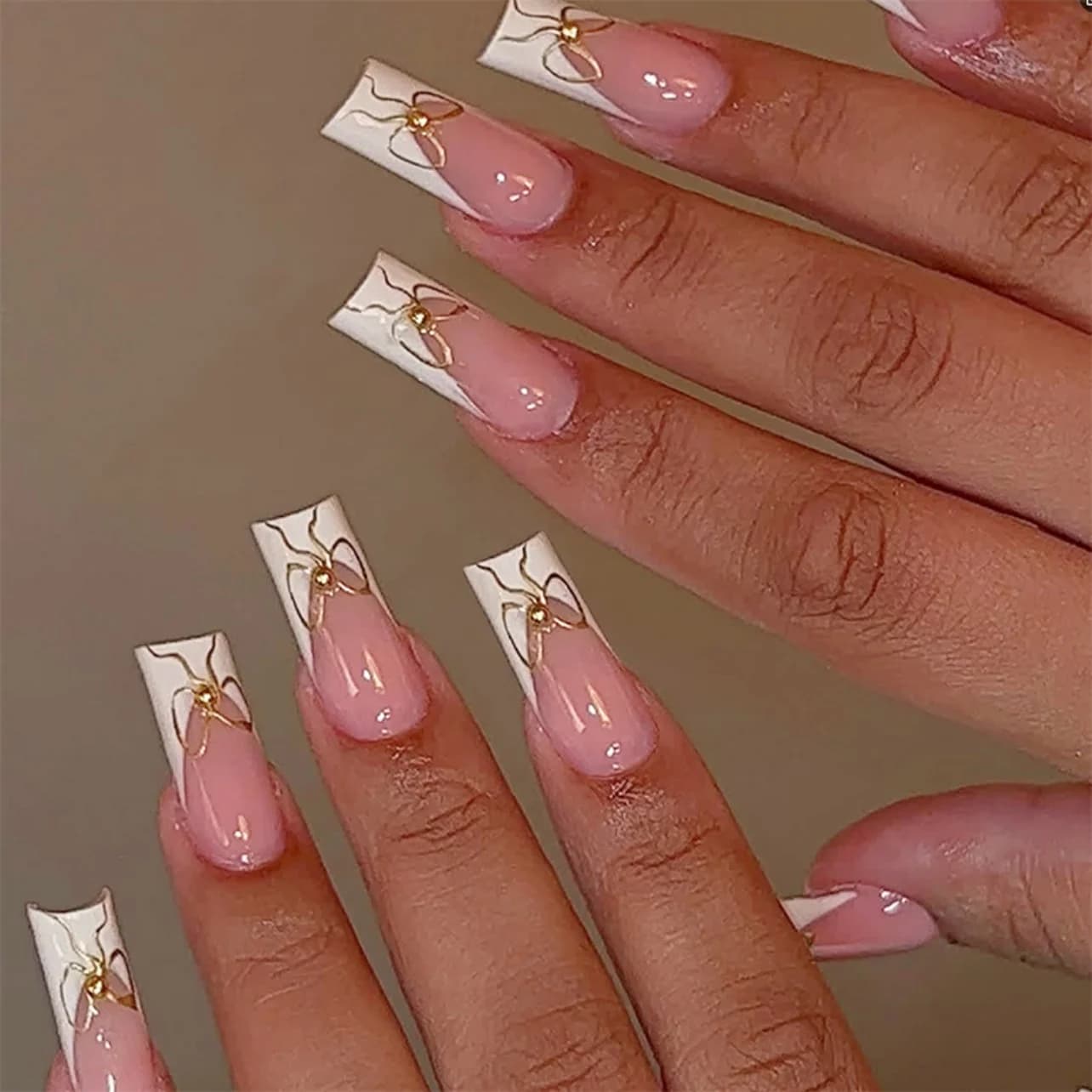 24 faux ongles à presser mi-longs, rose, style français, motif floral, réutilisables, avec perles, p