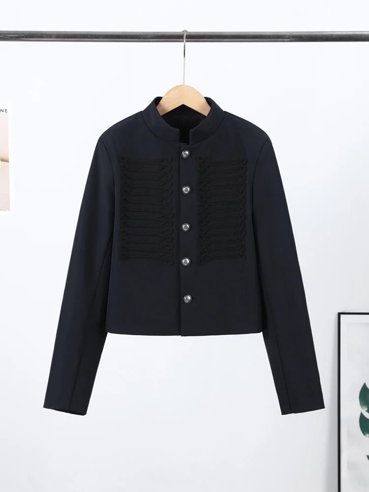 Veste Vintage Femme Col Montant Simple Boutonnage Manches Longues Style Napoléon Manteau Chic Haut d