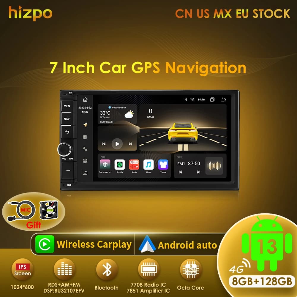 Hizpo 2din 7 pouces CarPlay Android 13 Auto universel voiture stéréo Bluetooth FM Radio pour Nissan 