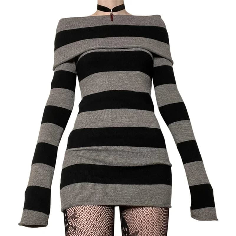 Y2K Pull Rayé Mini Robe Mall Goth Grunge Emo Moulante Chic Femmes Hors Épaule Manches Longues Slim F