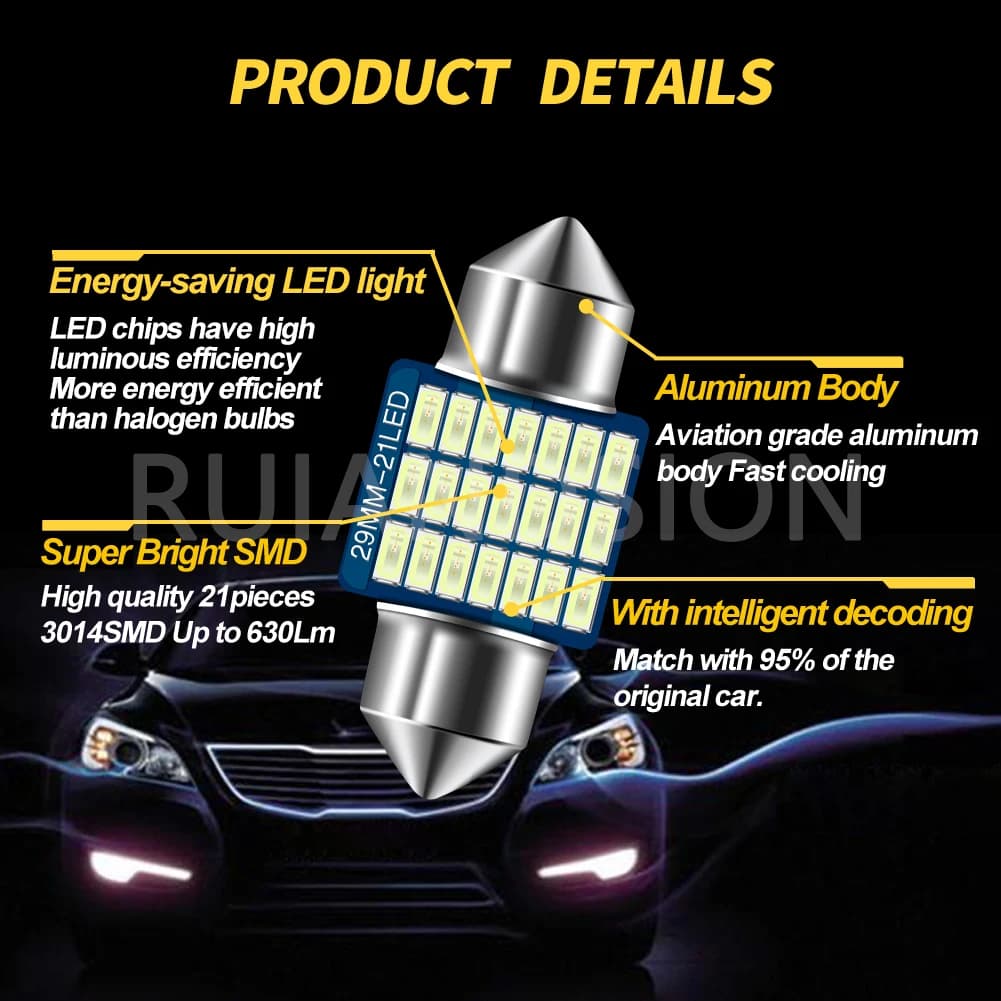 RUIANDSION 2 pièces C5W 28/29MM universel sans erreur feston LED 12V pour voiture intérieur lecture 