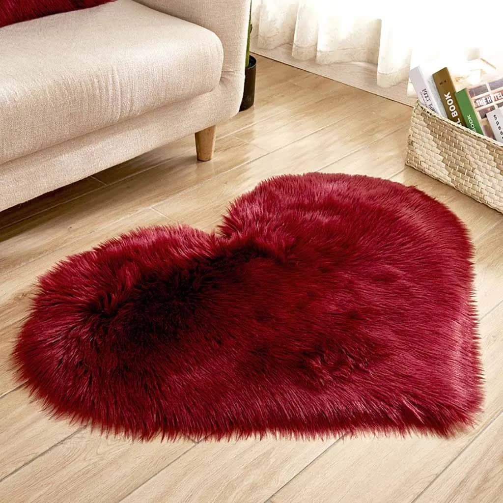 Tapis en fausse fourrure en forme de cœur pour chambre à coucher, tapis shaggy moelleux, peau de mou
