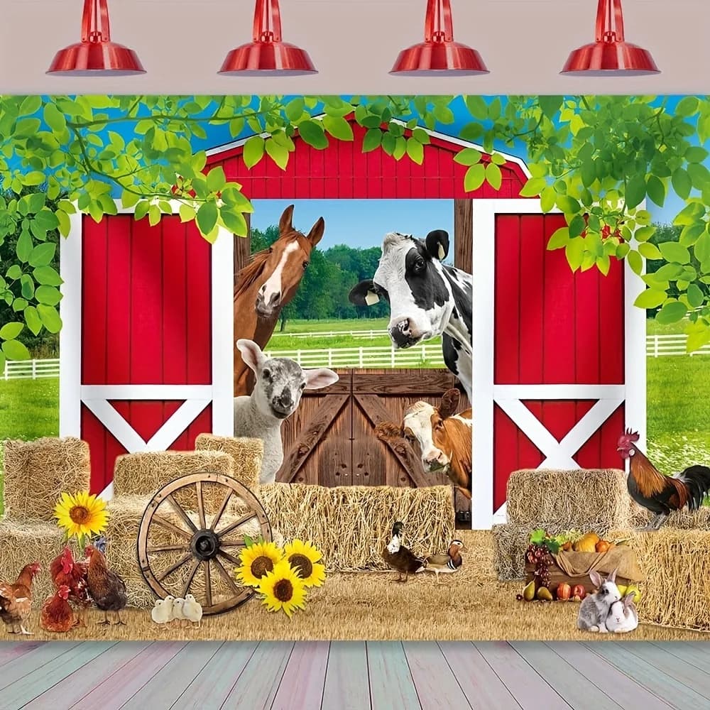 Tissu de fond de ferme de style campagne de vacances - scène de grange rouge, d'animaux et d'herbe d