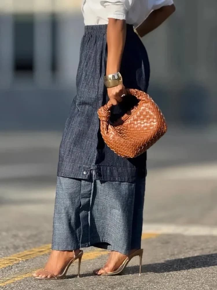 UOOZEE urbain femme Streetwear couches Denim pantalon à jambes larges ample élastique taille haute p