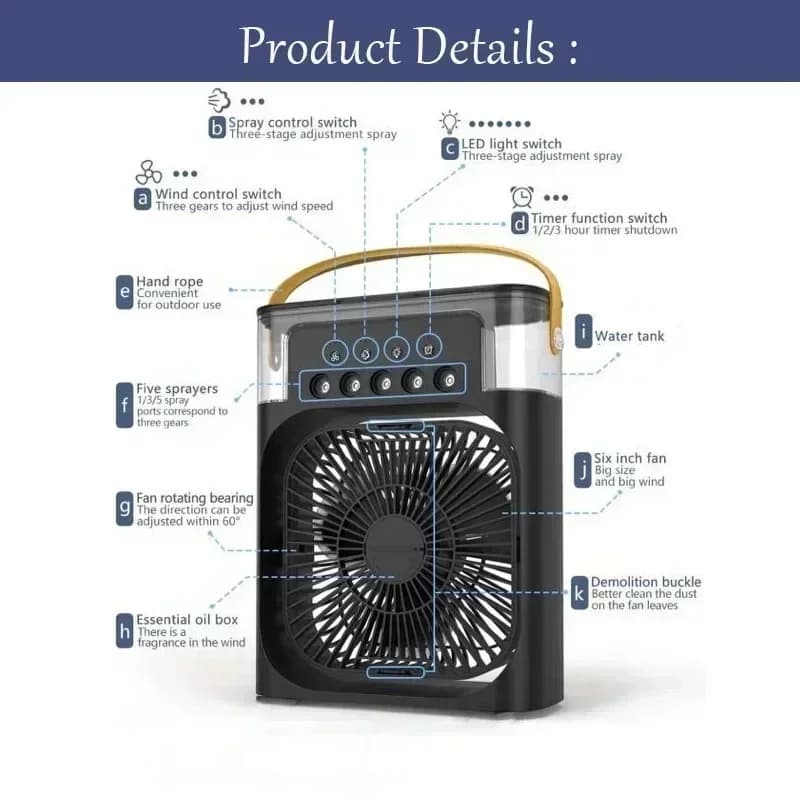 Ventilateur portable 3 en 1, climatiseur, mini refroidisseur d'air, veilleuse LED, humidificateur, r