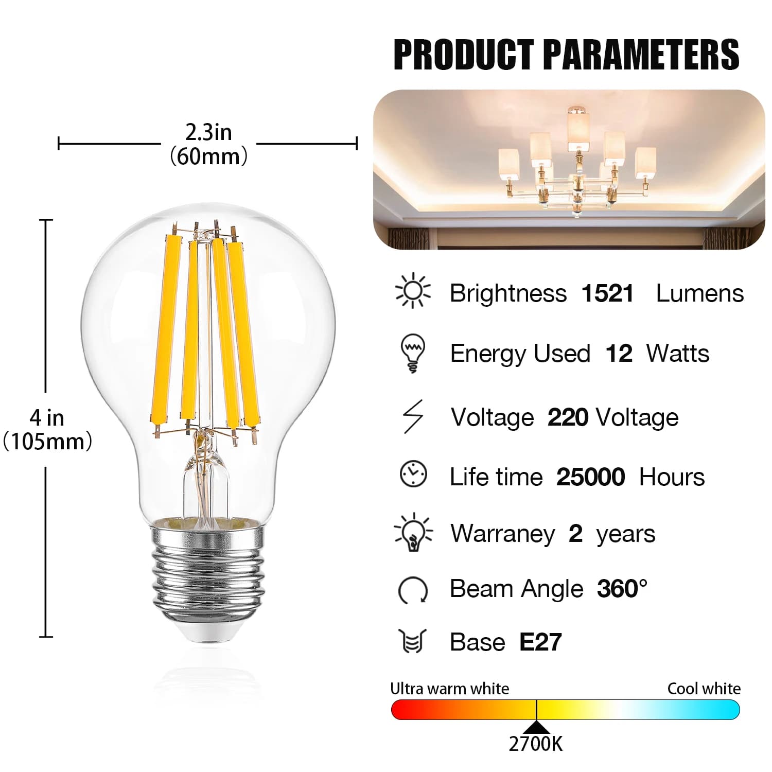 Hcnew A19 E27 Ampoules LED Edison 12W 1521Lumen, lampe à filament à intensité variable, remplacement