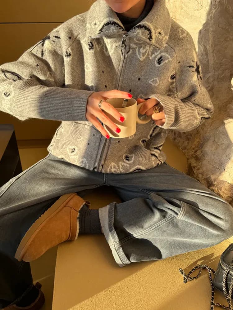 Cardigan Jacquard Printemps à Col Montant pour Femme, Manteau Chic à Manches Longues avec Fermeture 